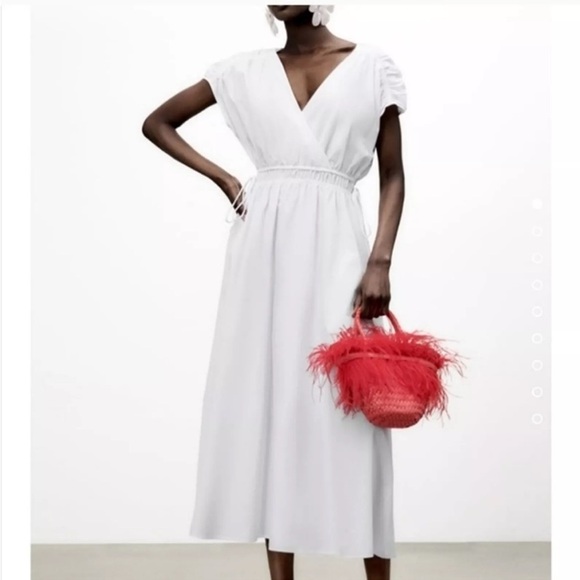 NWT ZARA White Cotton Midi Dress with Tie-Back M - Picture 1 of 15